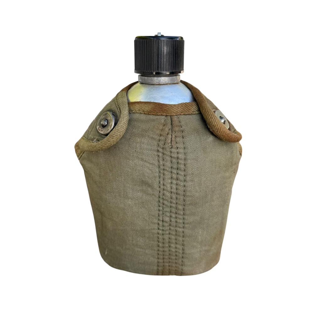 Vintage Military Style Aluminum Canteen with Olive Drab Canvas Cover Belt Clip